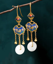 Chic White Ancient Gold Jade Ping Buckle Birds Floral Drop Earrings