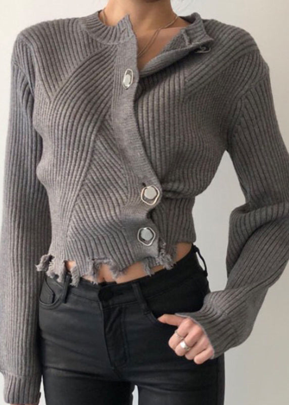 Chic White Asymmetrical Button Patchwork Knit Sweaters Fall