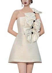 Chic White Bow Solid Silk Mid Dress Sleeveless