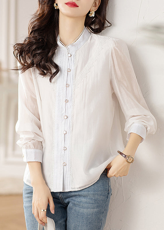 Chic White Button Lace Patchwork Shirts Long Sleeve