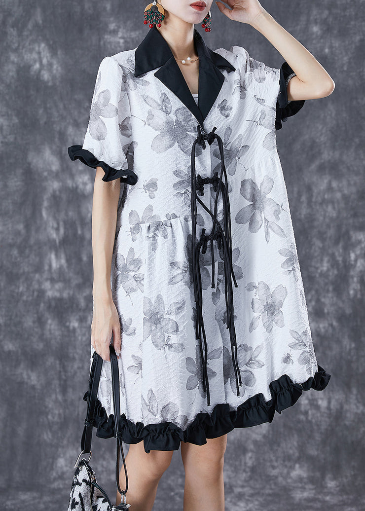 Chic White Chinese Button Ruffled Patchwork Jacquard Dress Summer