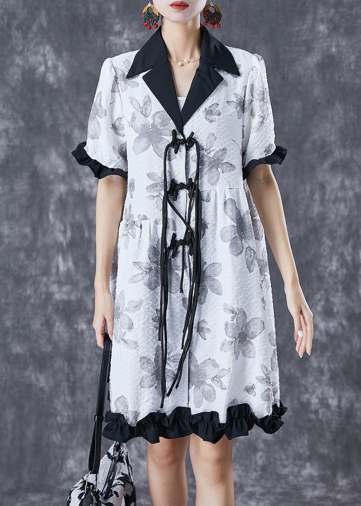 Chic White Chinese Button Ruffled Patchwork Jacquard Dress Summer