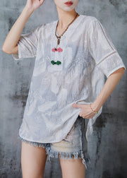 Chic White Embroidered Chinese Button Cotton Shirt Tops Summer