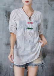 Chic White Embroidered Chinese Button Cotton Shirt Tops Summer