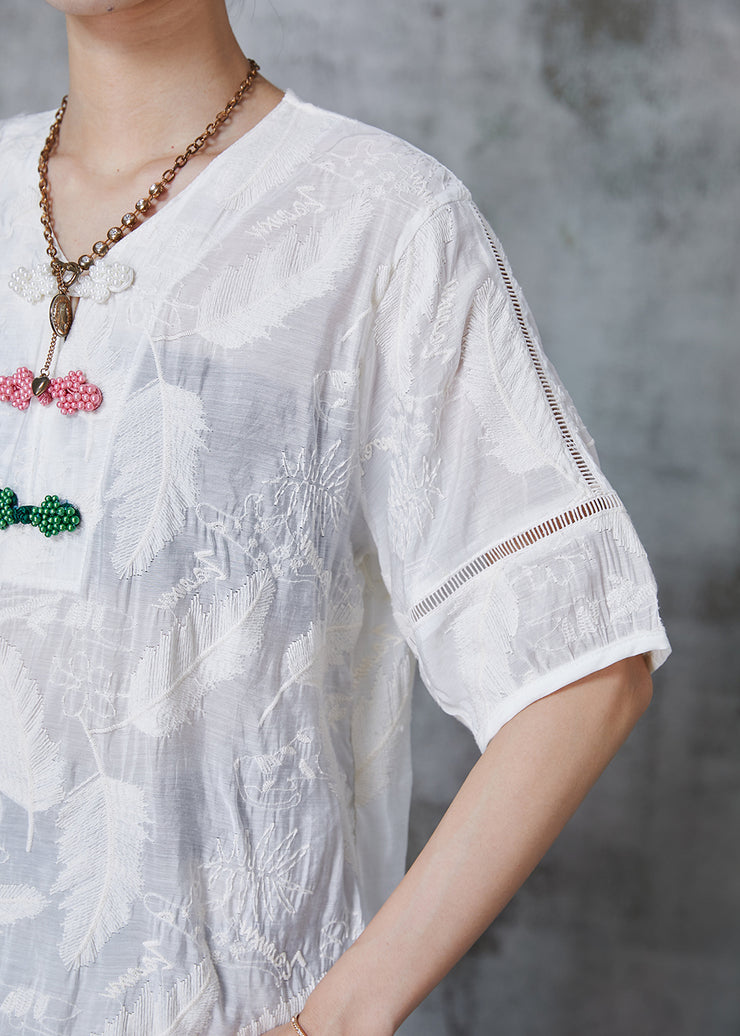 Chic White Embroidered Chinese Button Cotton Shirt Tops Summer