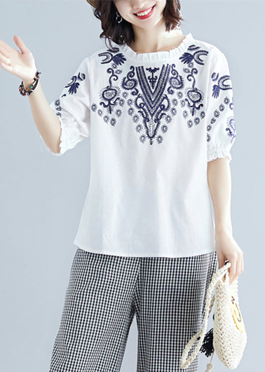 Chic White Embroideried Cotton T Shirt Summer