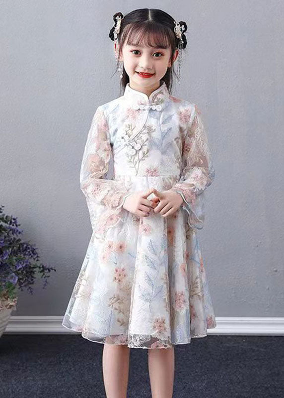 Chic White Embroideried Patchwork Hollow Out Tulle Girls Maxi Dress Long Sleeve