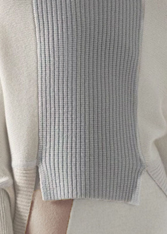 Chic White High Neck Asymmetrical Patchwork Wool Knit Pullover Winter