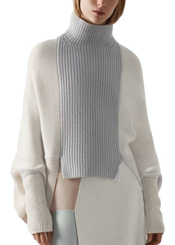 Chic White High Neck Asymmetrical Patchwork Wool Knit Pullover Winter