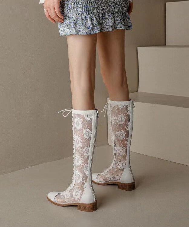 Chic White Hollow Out Lace Up Chunky Boots