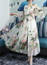 Chic White O-Neck Bow Print Ruffled Chiffon Long Beach Dresses Long Sleeve