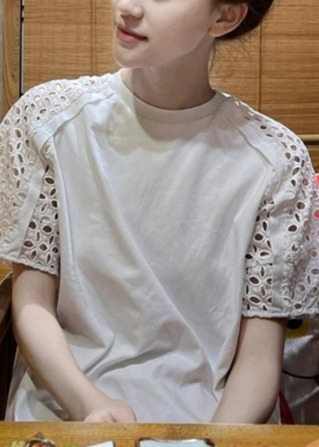 Chic White O-Neck Hollow Out T Shirt Short Sleeve