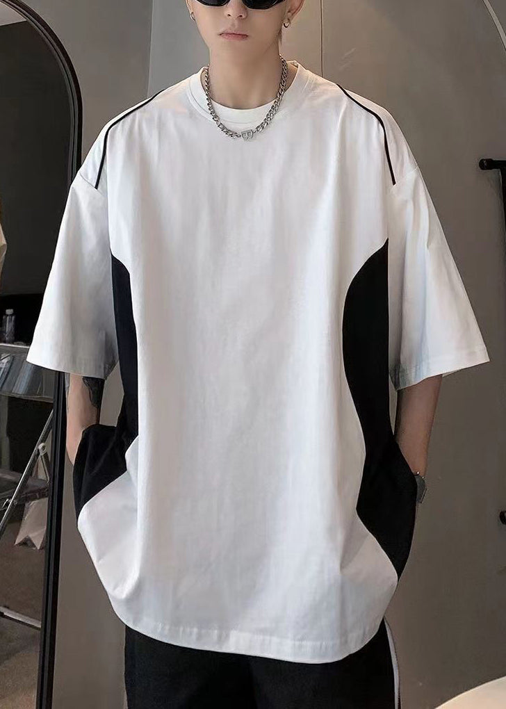 Chic White O Neck Patchwork Cotton Men T Shirt Half Sleeve