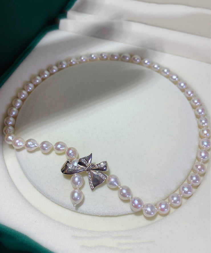 Chic White Pearl Bow Zircon Pendant Necklace