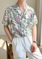 Chic White Peter Pan Collar Button Print Cotton Men Shirts Summer