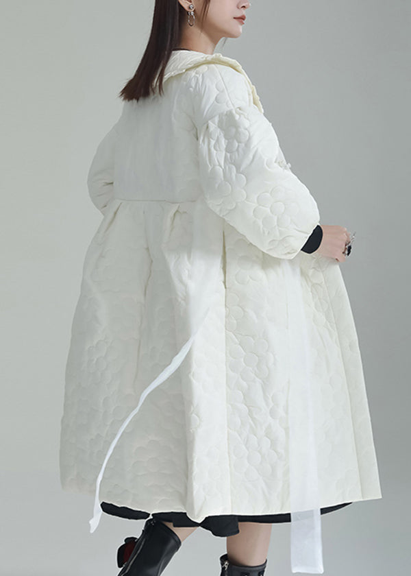 Chic White Peter Pan Collar Pockets Fine Cotton Filled Witner Coat