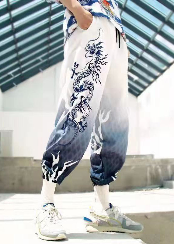 Chic White Print Pockets Cotton Men Crop Pants Summer