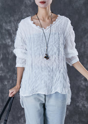 Chic White Ruffled Low High Design Cotton Shirt Top Fall