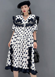 Chic White Sailor Collar Ruffled Patchwork Dot Print Mid Dresses Short Sleeve