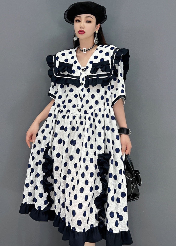 Chic White Sailor Collar Ruffled Patchwork Dot Print Mid Dresses Short Sleeve