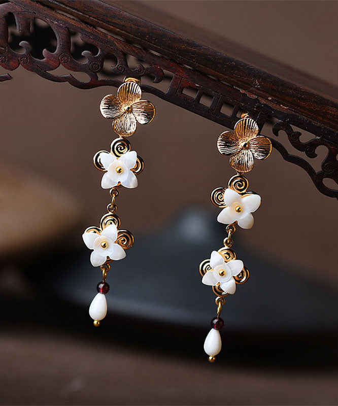 Chic White Shell Flower 14K Gold Drop Earrings