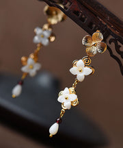 Chic White Shell Flower 14K Gold Drop Earrings