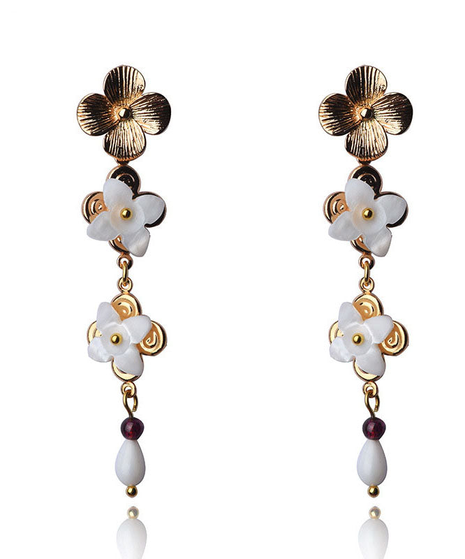 Chic White Shell Flower 14K Gold Drop Earrings