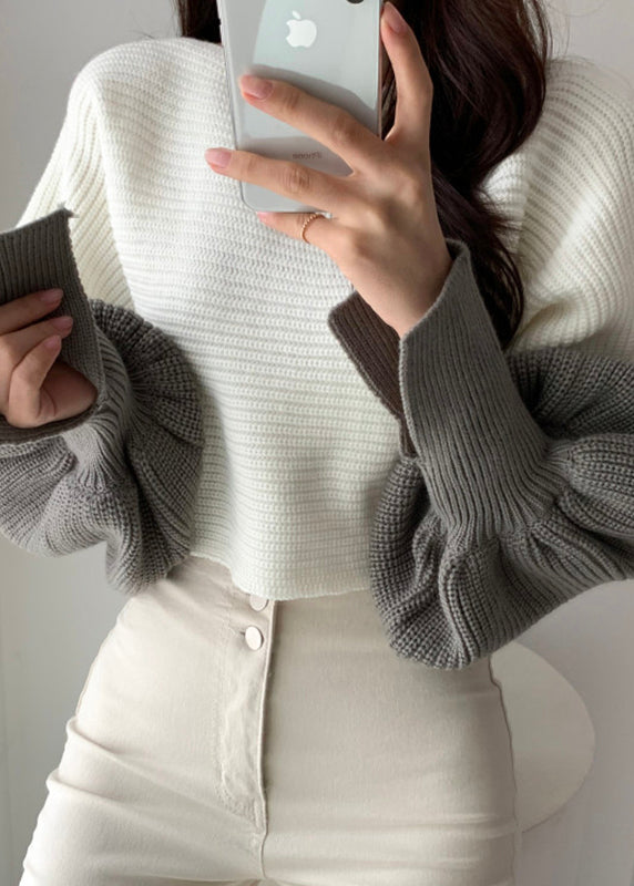 Chic White Slash Neck Knit Short Sweater Tops Batwing Sleeve