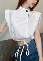 Chic White Stand Collar Drawstring Cotton Blouse Top Sleeveless