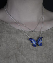 Chic White Sterling Silver Enamel Butterfly Pendant Necklace