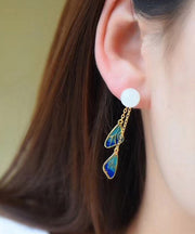 Chic White Sterling Silver Inlaid Jade Enamel Tassel Drop Earrings