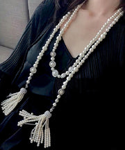 Chic White Sterling Silver Zircon Double Layer Pearl Tassel Gratuated Bead Necklace