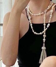 Chic White Sterling Silver Zircon Double Layer Pearl Tassel Gratuated Bead Necklace