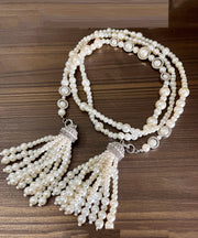 Chic White Sterling Silver Zircon Double Layer Pearl Tassel Gratuated Bead Necklace