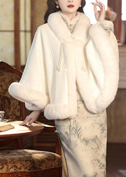 Chic White Tassel Fur Collar Patchwork Warm Fleece Cape Winter