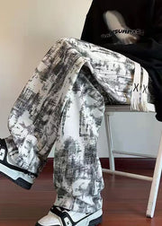 Chic White Tie Dye Elastic Waist Warm Fleece Men Pants Winter