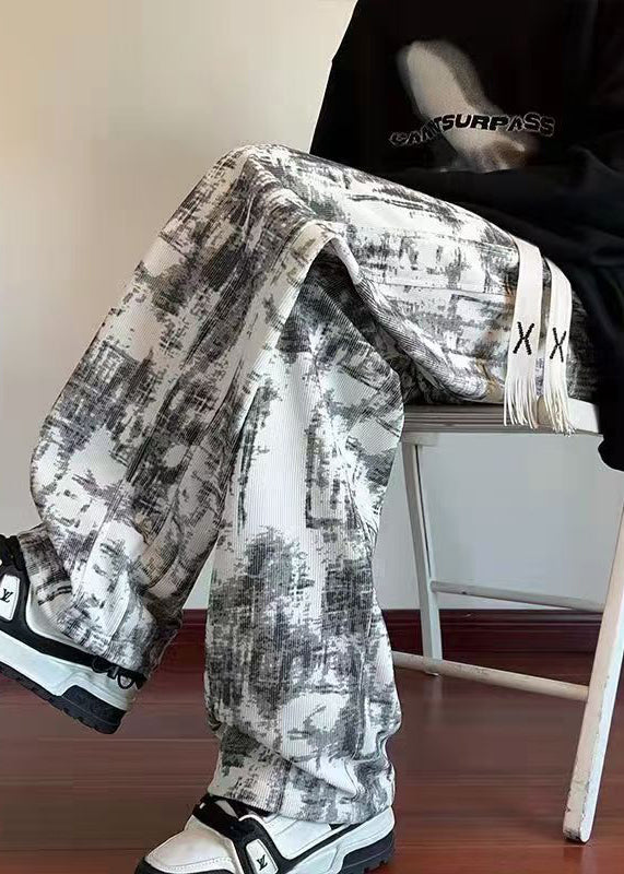 Chic White Tie Dye Elastic Waist Warm Fleece Men Pants Winter