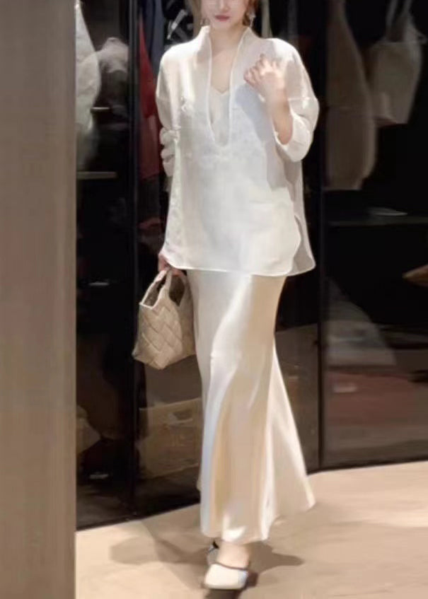 Chic White Top And Skirts Silk Two Piece Suit Set Spring