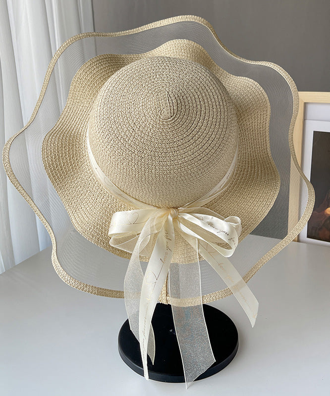 Chic White Tulle Patchwork Bow Straw Woven Floppy Sun Hat