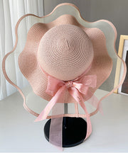 Chic White Tulle Patchwork Bow Straw Woven Floppy Sun Hat