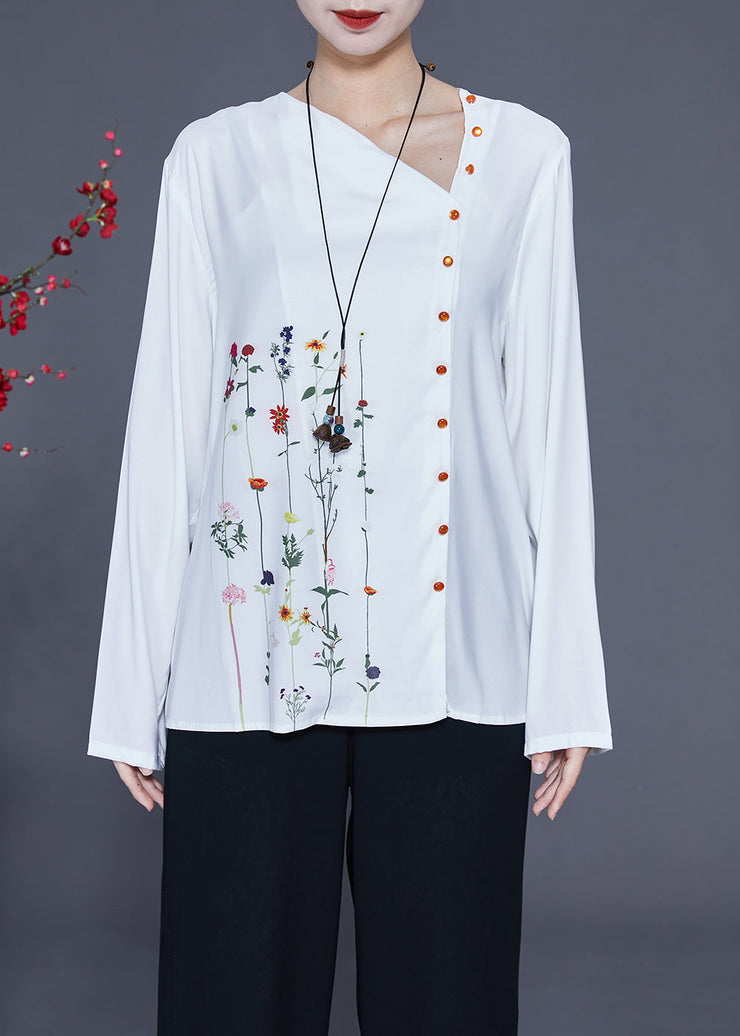 Chic White V Neck Asymmetrical Print Chiffon Shirt Spring