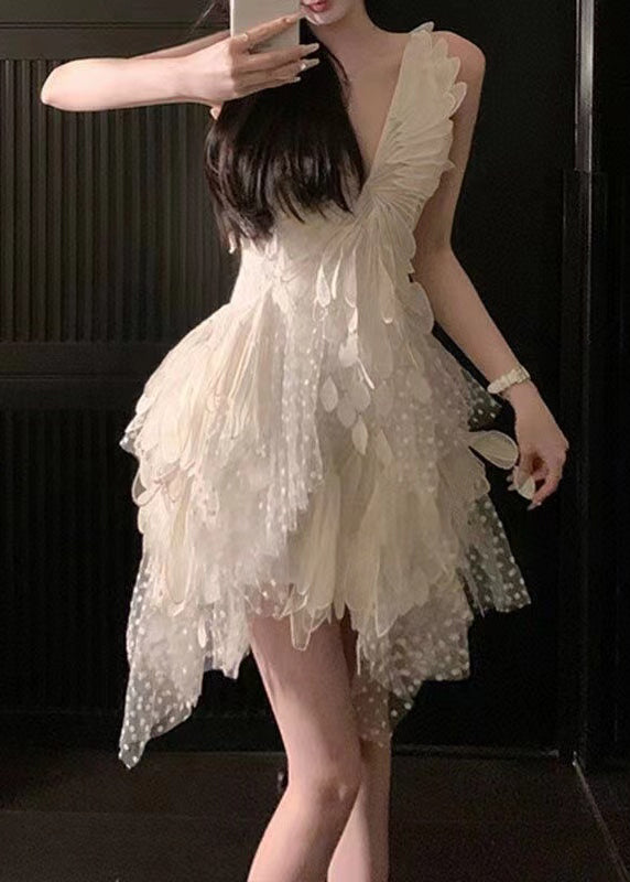 Chic White V Neck Asymmetrical Tulle Mid Dress Sleeveless