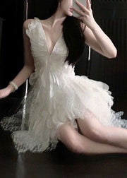 Chic White V Neck Asymmetrical Tulle Mid Dress Sleeveless