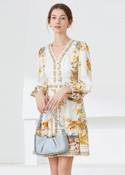 Chic White V Neck Print Chiffon Mid Dress Spring