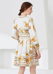 Chic White V Neck Print Chiffon Mid Dress Spring