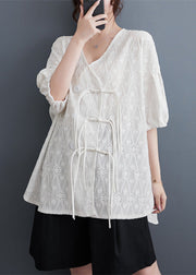 Chic White V Neck Print Tassel Solid Lace Shirt Summer