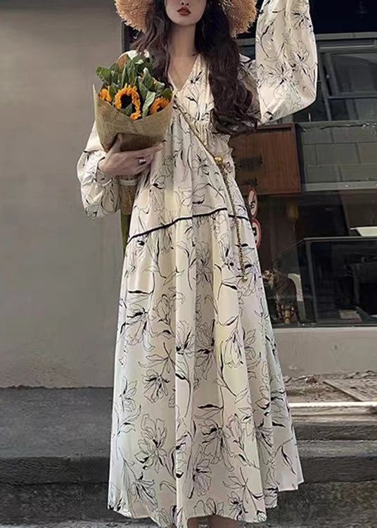 Chic White V Neck Print Wrinkled Patchwork Cotton Long Dresses Fall