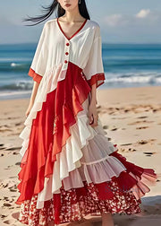 Chic White V Neck Ruffled Patchwork Wrinkled Chiffon Maxi Dress Summer