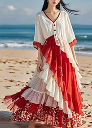 Chic White V Neck Ruffled Patchwork Wrinkled Chiffon Maxi Dress Summer