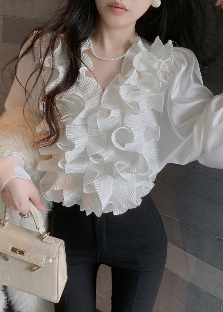 Chic White V Neck Ruffled Solid Chiffon Blouses Spring